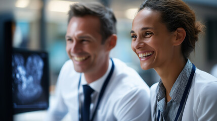 Two laughing doctors analyzing imaging scan on monitor sharp faces softly defocused radiology review faceless background defocused team morale medical imaging with copy