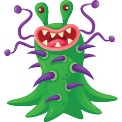 Green Cartoon Monster With Purple Spikes And Tentacles And Big Mouth With Sharp Teeth And Red Eyes On White Background