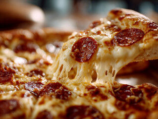 Advertising close up shot of pizza, pizza piece is separated from whole pizza stretchy cheese and salami circles as toppings, back light, white pizzeria restaurant background