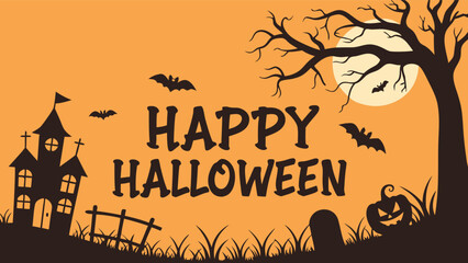 Spooky Happy Halloween Greeting Design with Haunted House, Bats, and Pumpkin for Holiday Celebrations and Festive Events Invitation
