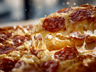 Advertising close up shot of pizza, pizza piece is separated from whole pizza stretchy cheese and salami circles as toppings, back light, white pizzeria restaurant background