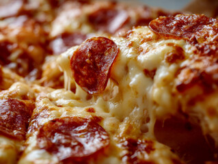 Advertising close up shot of pizza, pizza piece is separated from whole pizza, stretchy cheese and salami circles as toppings, back light