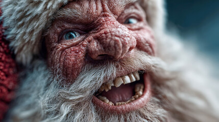 Photorealistic laughing Santa Claus with hyperdetailed face and kind expression.