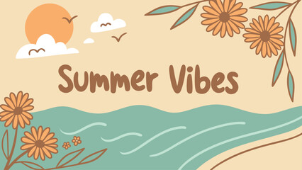 Trendy summer vibes design with sun, clouds, flowers, and ocean waves evoking a relaxing, happy, and joyful feeling perfect for vacation promotions