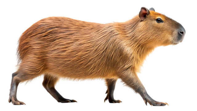 Side view of a relaxed capybara walking gracefully across a plain isolated surface
