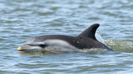 Fototapeta premium A dolphin with striking black and white markings surfaces in calm, rippling water