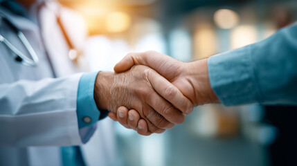 Close cropped image of male doctor greeting clinic patient with handshake sleeves and IDs sharp backdrop defocused clinical greeting faceless background defocused welcome pro