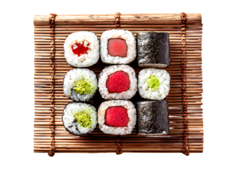 Assorted Sushi Rolls on Bamboo Mat: A Vibrant Japanese Culinary Delicacy isolated on a transparent background