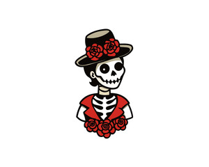 La Catrina Skull Illustration, Elegant Female Skeleton with Roses and Hat, Día de los Muertos Vector Design