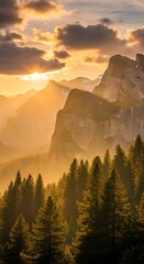 A mountain landscape captures the dramatic contrast of sunrise and sunset over forests, snow, and fog beneath a vast sky of clouds