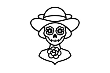 line art La Catrina Skull Illustration, Elegant Female Skeleton with Roses and Hat, Día de los Muertos Vector Design