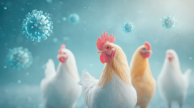A group of chickens surrounded by abstract virus particles in a surreal environment.