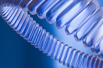 Fototapeta premium A captivating blue helix, formed by translucent rectangular segments, spirals gracefully against a gradient blue background, creating a fluid, abstract, and modern aesthetic