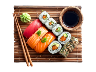 Fresh Assortment of Sushi and Sashimi on Bamboo Mat with Condiments isolated on a transparent background