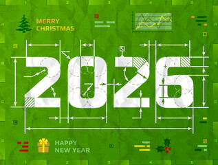 New Year 2026 as technical blueprint drawing. Drafting of 2026 on crumpled paper. Vector illustration for new years day, christmas, winter holiday, new years eve, engineering, silvester, etc
