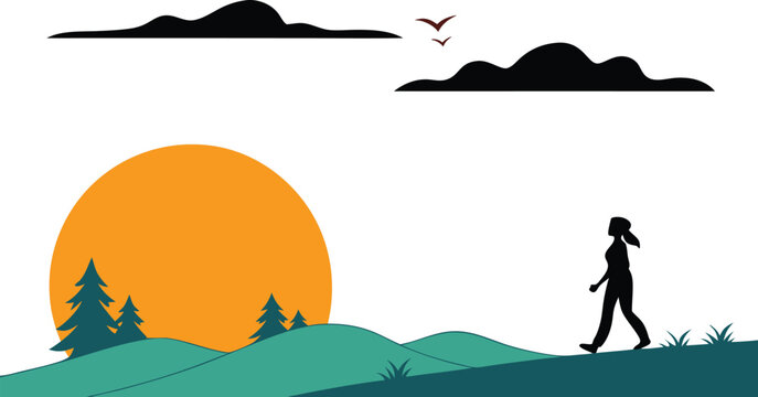 Woman walking in nature at sunrise, promoting wellness and active lifestyle, with a minimalist design perfect for outdoor brand campaigns