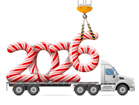 Crane loads New Year 2026 of candy stick. Big striped holiday candies year number in back of truck. Vector image for new years day, christmas, confection, new years eve, transportation, winter holiday