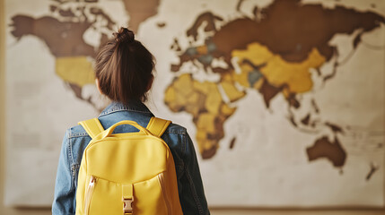 Girl with backpack explores world map, visualizing adventures. A child's imagination and a love for geography set the stage for global dreams.