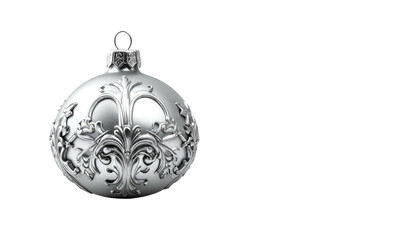 Ornate silver bauble with floral detailing, isolated on black