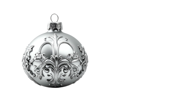Ornate silver bauble with floral detailing, isolated on black