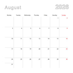Simple wall calendar for August 2026 with dotted lines. The calendar is in English, week start from Monday.