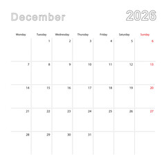 Simple wall calendar for December 2026 with dotted lines. The calendar is in English, week start from Monday.