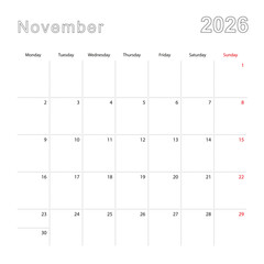 Simple wall calendar for November 2026 with dotted lines. The calendar is in English, week start from Monday.