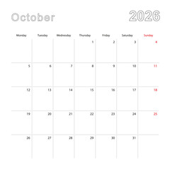 Simple wall calendar for October 2026 with dotted lines. The calendar is in English, week start from Monday.