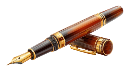 Illustration of brown fountain pen with gold shadow showing elegant writing instrument and classic stationery tool isolated on white background