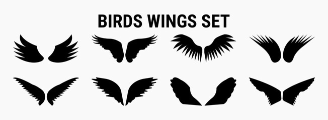Collection of black silhouette bird wings in various shapes and styles. Perfect vector set for logos, tattoos, fantasy art, and creative graphic design projects.