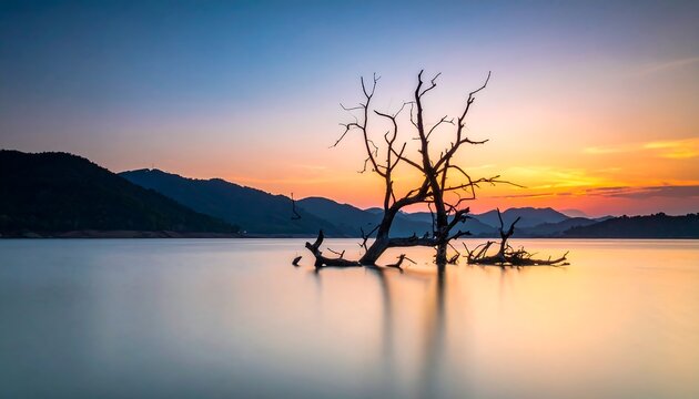 A lone, skeletal tree rises from tranquil water at dusk. Mountains define the horizon under a colorful gradient sky. The scene radiates serenity