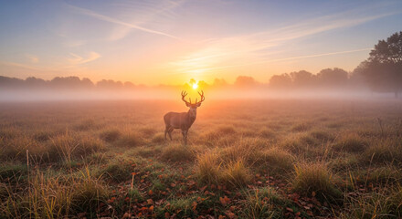 Fototapeta premium Majestic Stag at Dawn: A lone stag stands proudly in a foggy meadow, its antlers silhouetted by the rising sun, creating a breathtaking scene of wilderness at daybreak.