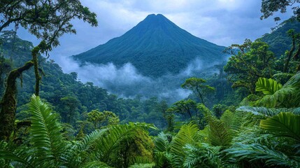 Fototapeta premium Lush, green mountain rises above a dense jungle under cloudy skies