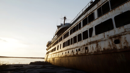 Naklejka premium Decaying grandeur: A weathered ship rests ashore, its rusted hull whispering tales of past voyages under a serene sky. Evokes a sense of history.