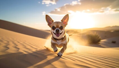 A happy chihuahua runs joyfully towards the camera in a desert landscape during sunset, kicking up sand with a blurred background