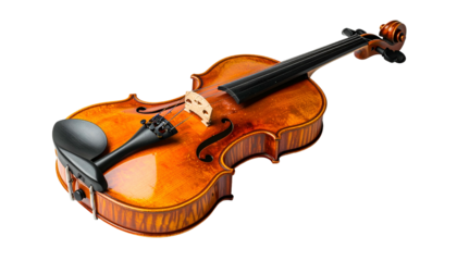 Detailed shot of a wooden violin, gleaming and poised