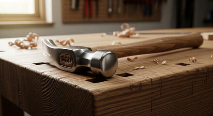 High-Quality Hammer and Wood Shavings on a Carpenter's Bench
A close-up, atmospheric shot capturing a professional claw hammer resting diagonally on a thick, solid wood workbench
