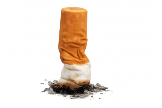 Stubbed out cigarette butt creating ash, representing addiction, environmental pollution, and unhealthy habits on a transparent background