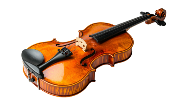 Detailed shot of a wooden violin, gleaming and poised