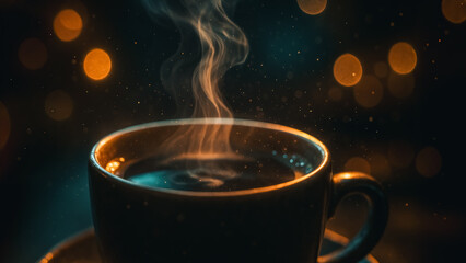 A close-up shot of a steaming cup of coffee, evoking warmth, comfort, and the simple pleasures of everyday life. The steam curls gently, highlighted by the ambient lighting.
