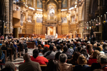 Capture the grandeur of a packed cathedral with majestic architecture and soft lighting, perfect for conveying tradition, spirituality, and community gatherings