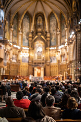 Experience the grandeur of a cathedral filled with people attending a service, perfect for travel blogs, religious publications, and historical documentaries needing authentic imagery