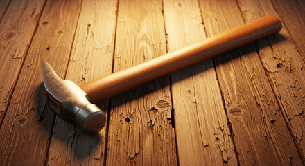 Classic Carpenter's Hammer Lying on Rustic Wooden Planks
A traditional carpenter's hammer with a metal head and a smooth wooden handle rests diagonally across a textured, rustic wooden surface