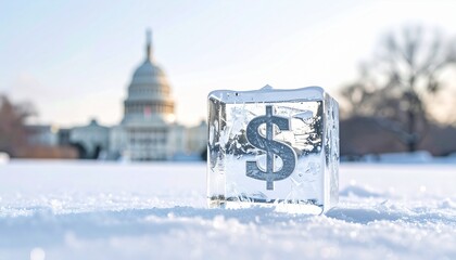 Frozen dollar sign in a block of ice against the backdrop of a prominent building, possibly a government edifice