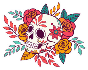 Floral Skull Wreath Vector Design, Sugar Skull Surrounded by Roses, Marigolds, and Leaves 