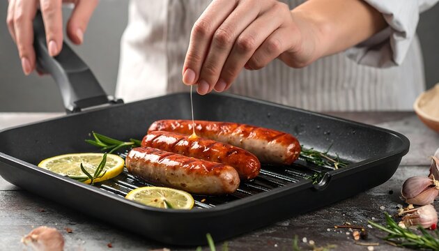 A person seasons grilled sausages with a drizzle in a griddle pan, lemon wedges, and rosemary sprigs are present