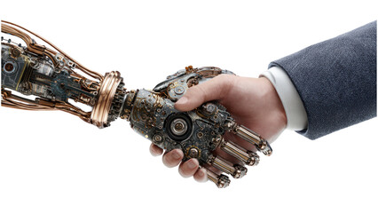 Human and robot shaking hands symbol of trust technology and cooperation