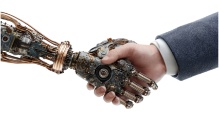Human and robot shaking hands symbol of trust technology and cooperation