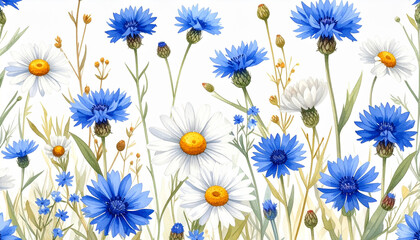 Blue cornflowers and white daisies with yellow centers daisy wildflower