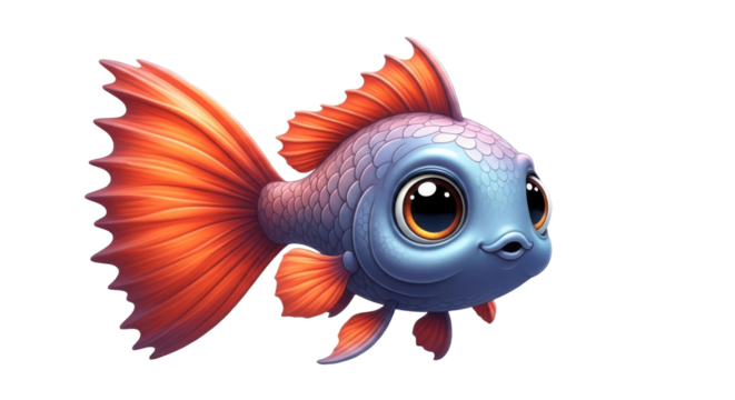 Cute Blue Cartoon Fish with Orange Tail on Transparent Background